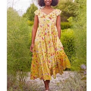 April Cornell Layla Dress Yellow Floral Cotton Short Sleeve  Size Small